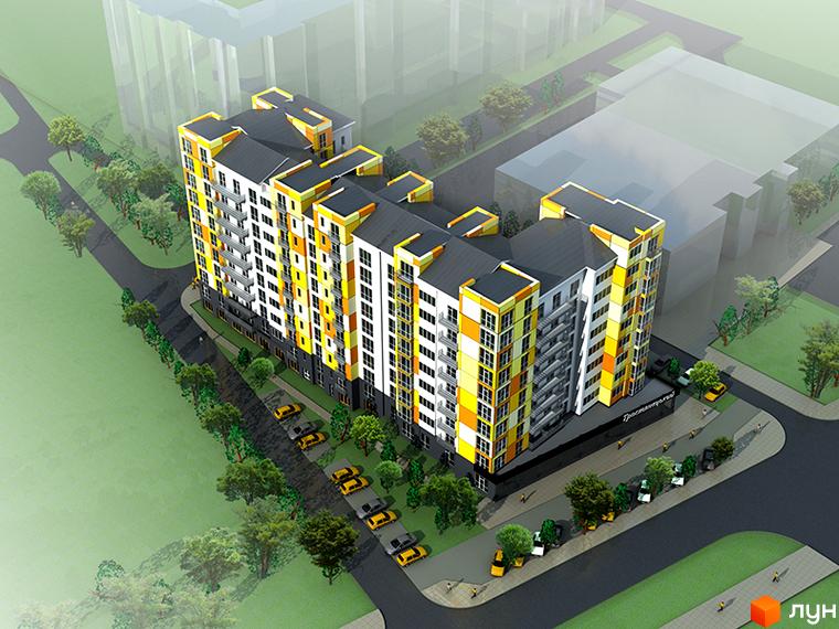 Зовнішній вигляд житлового комплексу Вовчинецький з яскравим фасадом та прибудинковою територією з парковкою та деревами. Фото новобудови.