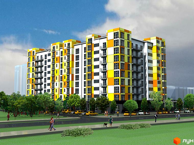 Житловий комплекс Вовчинецький - яскрава новобудова з жовтими та помаранчевими фасадами, балконами та великими вікнами. Навколо комплексу зелена зона з деревами та пішохідною доріжкою.