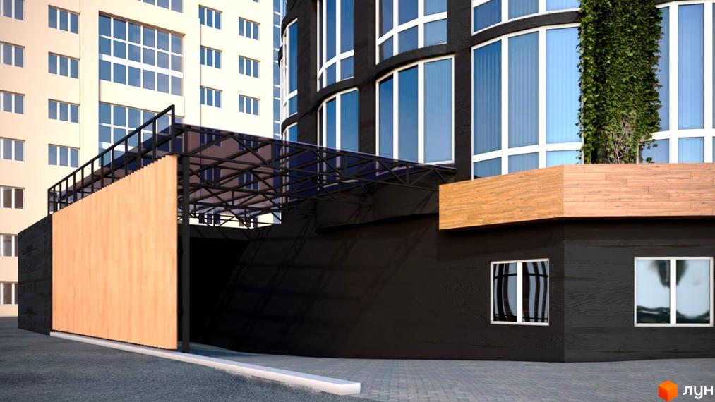 Зовнішній вигляд будинку ЖК The Apartments з великими вікнами та зеленню. Прибудинкова територія з дерев'яним фасадом та навісом.