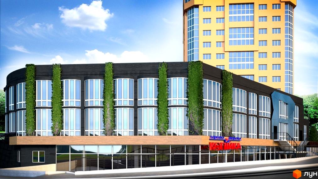 Сучасний житловий комплекс The Apartments з фасадом, прикрашеним вертикальним озелененням. Поруч розташована висока жовта будівля.