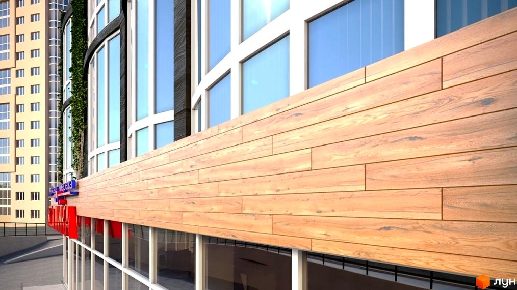 Фасад житлового комплексу The Apartments з дерев'яним оздобленням та великими вікнами. Поруч розташована сусідня будівля та елементи благоустрою.