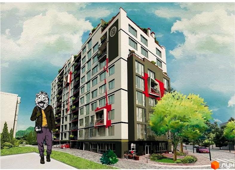 Зовнішній вигляд ЖК Бортнянський: багатоповерхова будівля з червоними та сірими елементами, балконами та великими вікнами. Прибудинкова територія з деревами та доріжками.