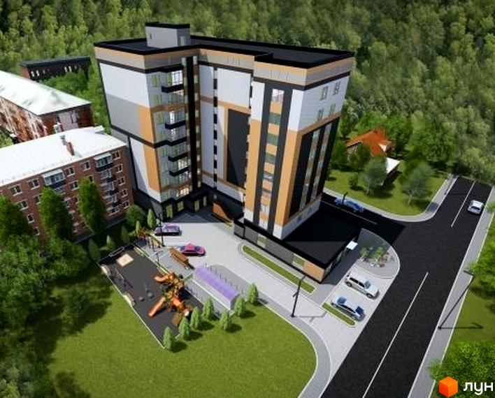 Житловий комплекс Центральний. Зовнішній вигляд багатоповерхового будинку з елементами оздоблення та прибудинкова територія з дитячим майданчиком та дорогою.