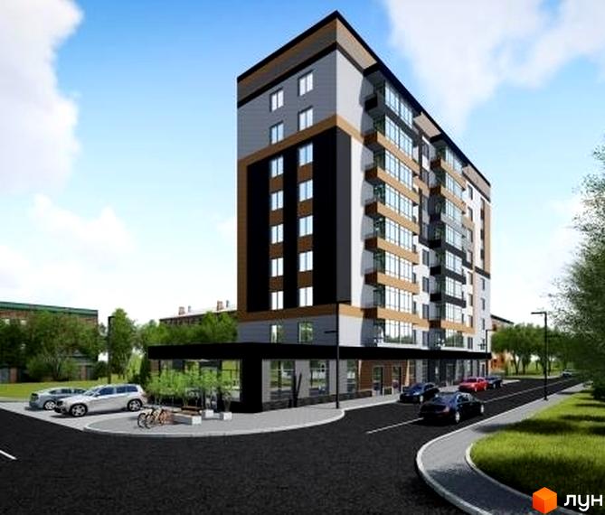 Житловий комплекс Центральний - багатоповерхова новобудова з панорамними вікнами та балконами. Навколо будинку облаштована прибудинкова територія з парковкою та зеленими насадженнями.