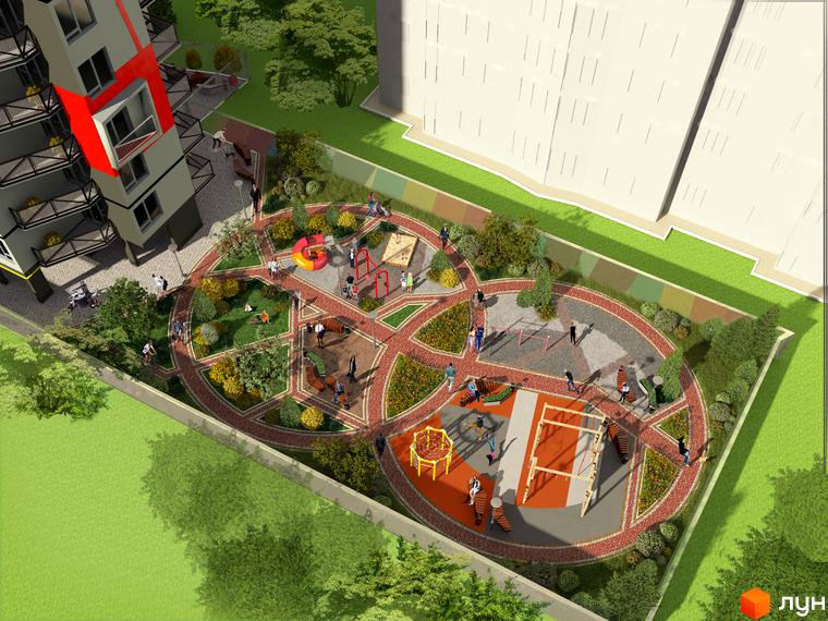 Житловий комплекс Бортнянський. Сучасний житловий будинок з яскравими фасадами та облаштованим дитячим майданчиком поруч. Територія комплексу озеленена та має зони відпочинку.