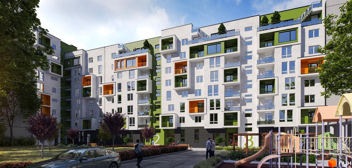 Житловий комплекс Квартал Віденський. Фасад новобудови з яскравими зеленими та помаранчевими елементами, балконами та великими вікнами. На прибудинковій території дитячий майданчик та зелені насадження.