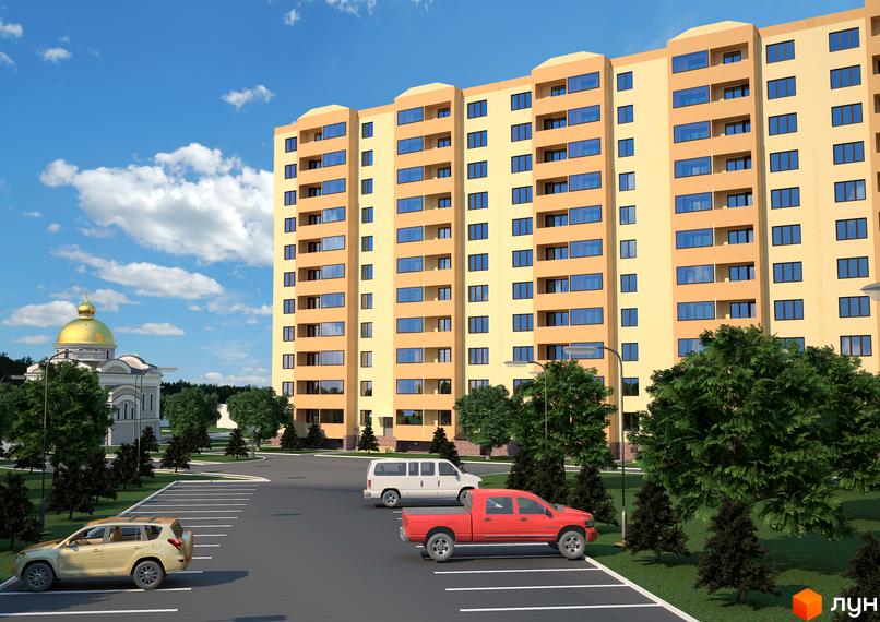 Житловий комплекс Східна Перлина – багатоповерховий будинок з бежевим фасадом та синіми вікнами. Поруч парковка та церква з золотим куполом.