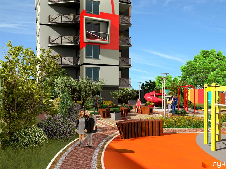 Житловий комплекс Бортнянський: багатоповерховий будинок з балконами та сучасним фасадом. На прибудинковій території облаштовано дитячий майданчик зі гіркою та гойдалками, зони відпочинку з лавками та зелені насадження.