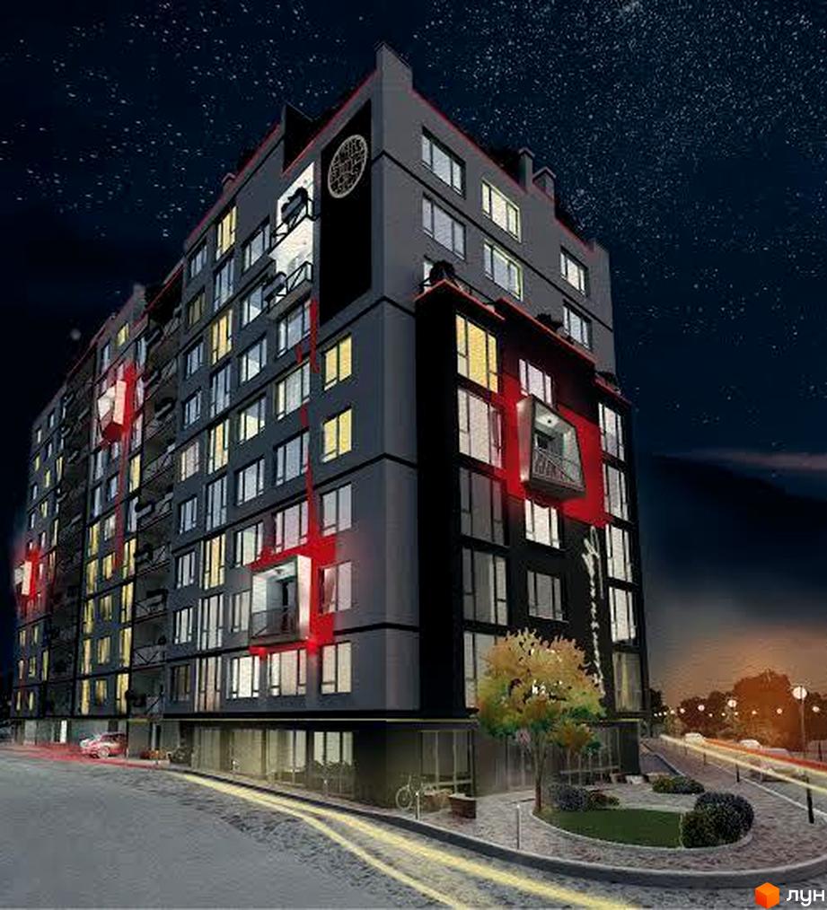 Нічне фото житлового комплексу Бортнянський з червоними елементами на фасаді та підсвіченими вікнами. Навколо будинку облаштована прибудинкова територія з деревами та освітленням.