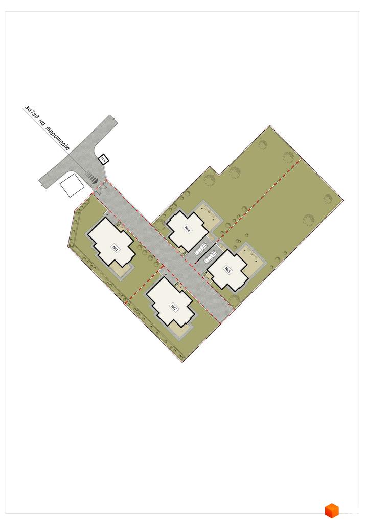 План забудови котеджного містечка КМ Riviera з будинками №1, №2, №3, №4 та прибудинковою територією. Показано в'їзд на територію та доріжки.
