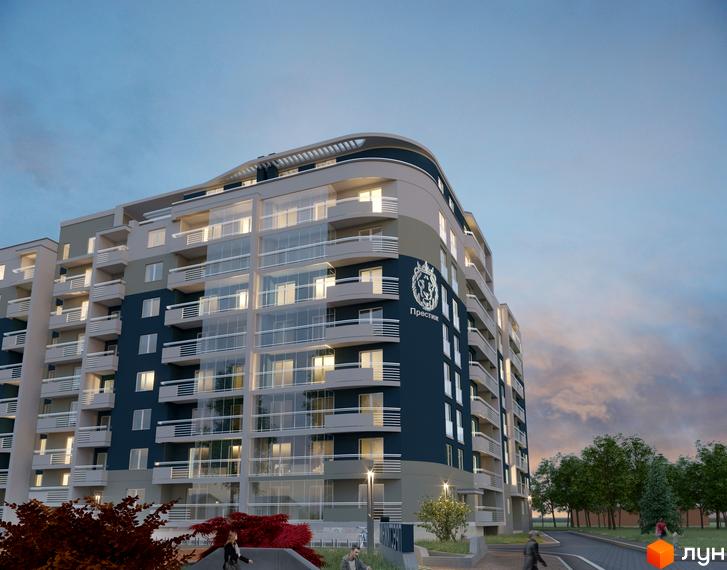Житловий комплекс Престиж - сучасна новобудова з панорамним склінням та балконами. Прибудинкова територія з деревами та пішохідними доріжками.