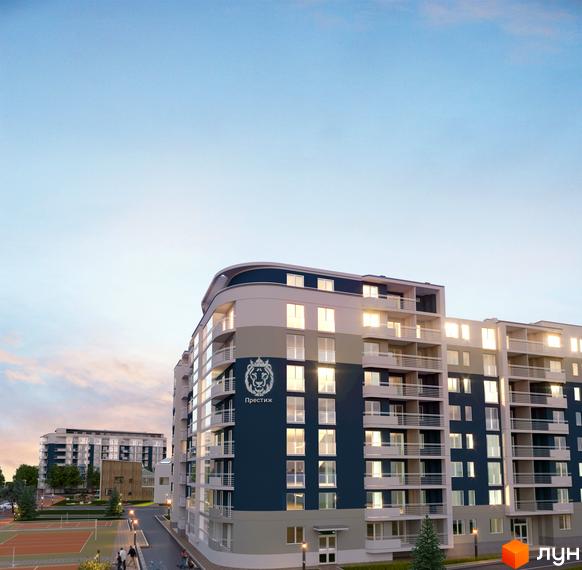 Житловий комплекс Престиж - сучасна архітектура з панорамними вікнами та балконами. На території розташовані тенісні корти та зелені зони.