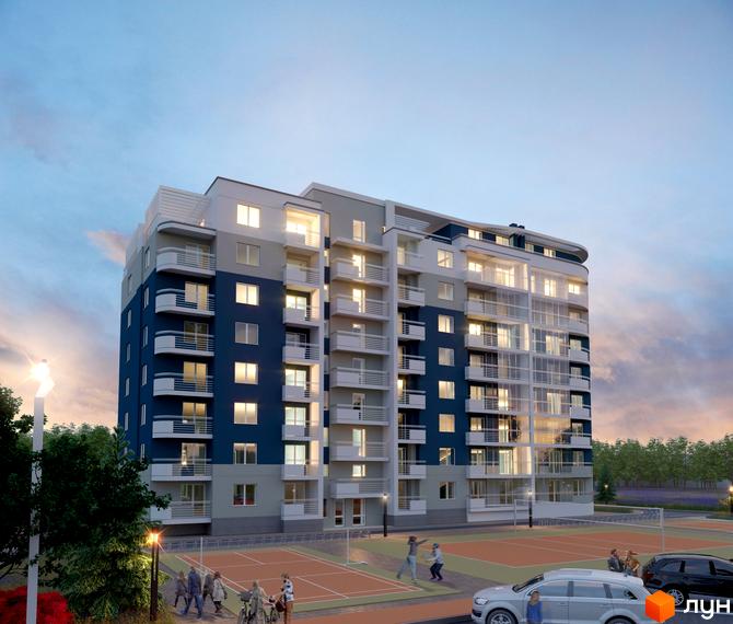 Житловий комплекс Престиж – багатоповерховий будинок з балконами та панорамними вікнами, поруч спортивні майданчики та місця для відпочинку.