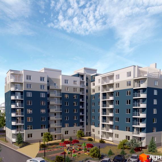 Зовнішній вигляд багатоквартирного будинку ЖК Престиж з синіми та сірими фасадами, балконами та вікнами. На прибудинковій території розташований дитячий майданчик та парковка.