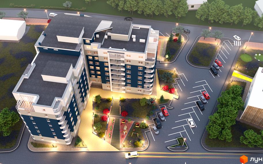 Зовнішній вигляд житлового комплексу Престиж з синіми та сірими фасадами, балконами та прибудинковою територією з парковкою та зеленими зонами.