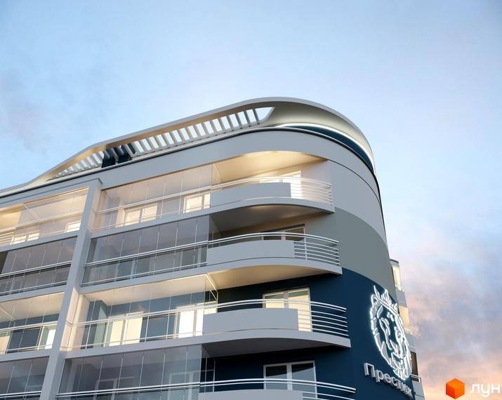 Житловий комплекс Престиж - сучасна архітектура з панорамним склінням та витонченими балконами. Фасад будівлі оздоблений елегантним логотипом та підсвічуванням.