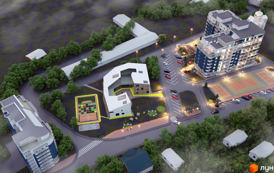 Житловий комплекс Престиж - вид зверху на багатоквартирні будинки, спортивні майданчики та зелену зону. Сучасна архітектура та зручна прибудинкова територія.