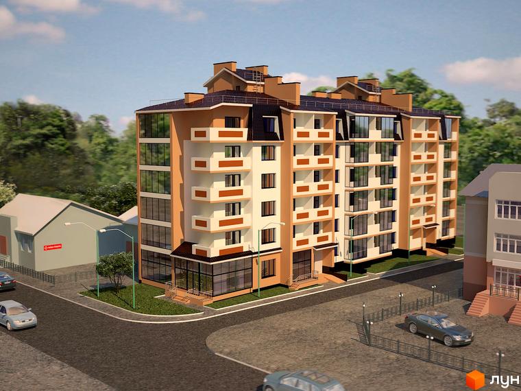 Зовнішній вигляд будинку ЖК Смарагд з коричневими та бежевими фасадами, великими вікнами та балконами. Прибудинкова територія з дорогою, деревами та автомобілями.