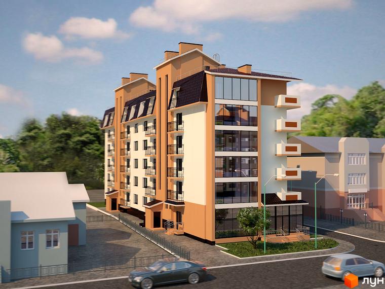 Житловий комплекс Смарагд – це багатоповерхова новобудова з балконами та скляними фасадами. На прибудинковій території розташовані дерева та вулиці з автомобілями.