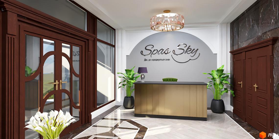 Лобі Клубного будинку Spas Sky з рецепцією, великими рослинами, дерев'яними вхідними дверима та мармуровою підлогою.