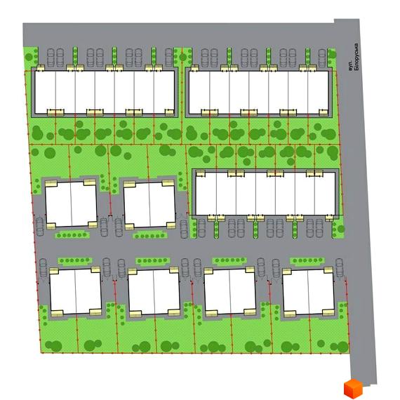План забудови Містечко котеджів Лісове-2. На зображенні видно котеджі з прибудинковою територією, парковкою та зеленими насадженнями.