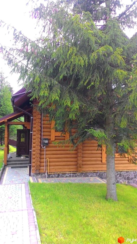 Дерев'яний будинок з великою ялиною попереду. Біля будинку вимощена доріжка та зелена галявина.