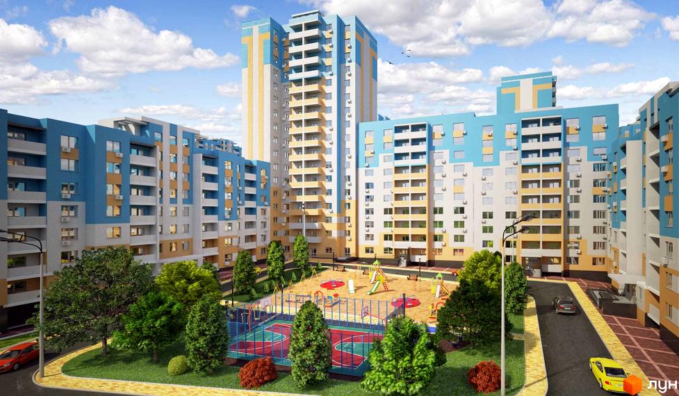 Житловий комплекс Новомостицько-Замковецький. Багатоповерхові будинки з блакитними та жовтими фасадами, дитячий майданчик та спортивна зона.