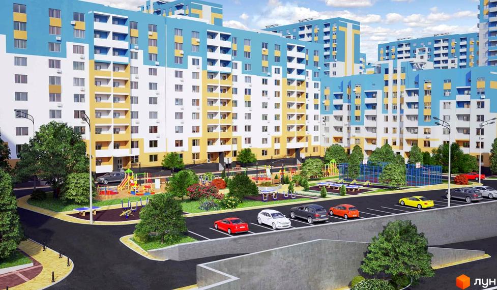 Житловий комплекс Новомостицько-Замковецький. Зовнішній вигляд будівель з блакитними та жовтими елементами фасаду, дитячі майданчики та паркувальні місця.