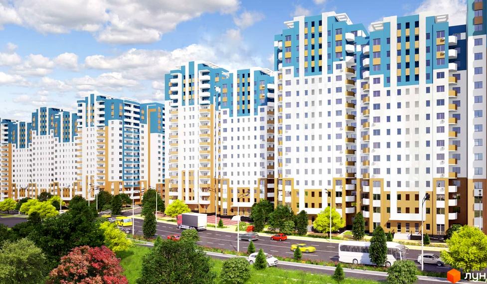 Житловий комплекс Новомостицько-Замковецький. Багатоповерхові будинки з біло-блакитними фасадами, балконами та панорамними вікнами. Поруч дорога з автомобілями та зелені насадження.