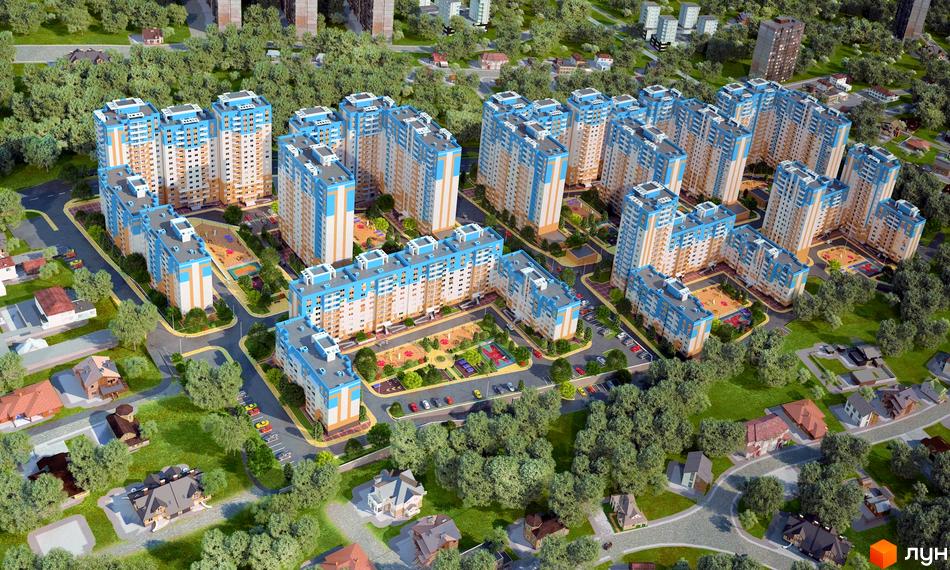 Житловий комплекс Новомостицько-Замковецький. Сучасні багатоповерхові будинки з блакитними та помаранчевими елементами фасаду, розташовані серед зелених насаджень та з дитячими майданчиками.