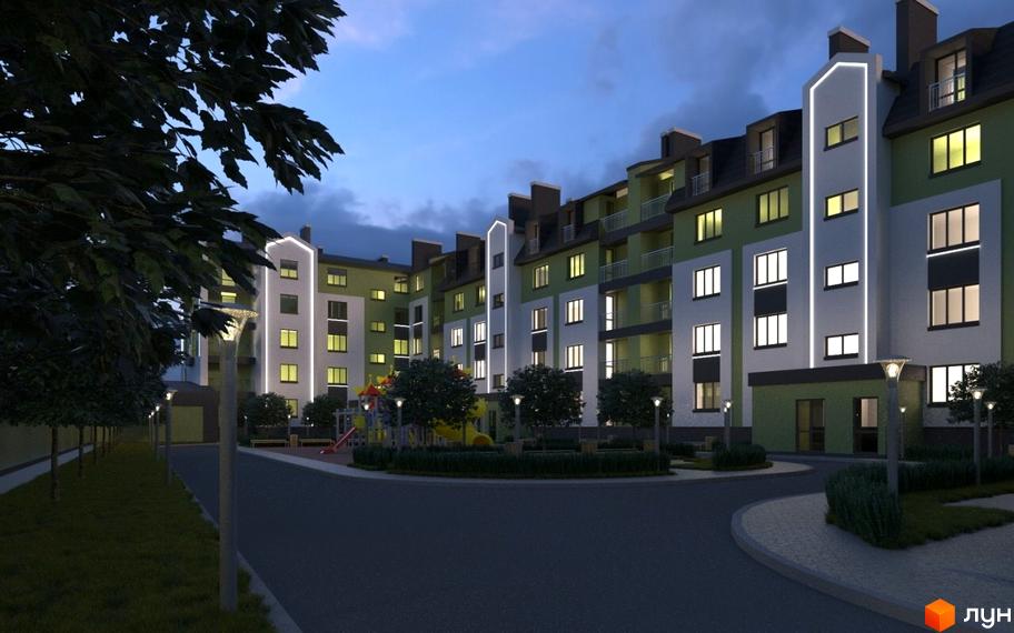 Житловий комплекс Нова Жовква. Зовнішній вигляд будівлі з зеленими та білими фасадами, балконами та вікнами, що світяться. Прибудинкова територія з дитячим майданчиком та освітленням.