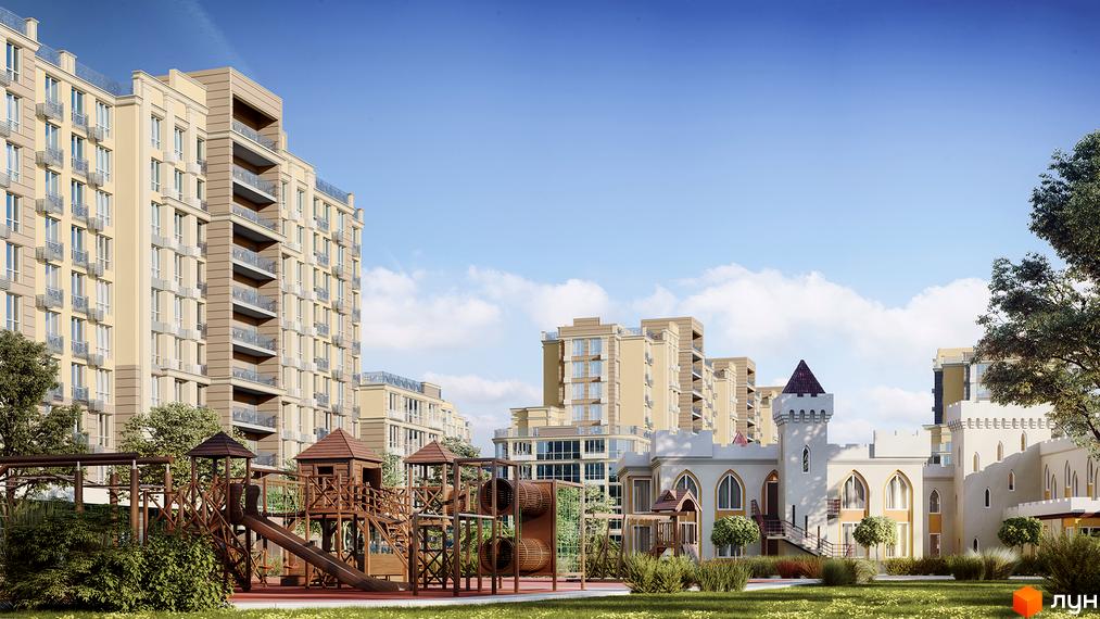 Житловий комплекс Благород: фасади багатоповерхових будинків та дитячий майданчик у вигляді замку. Зелена зона та дерева навколо.