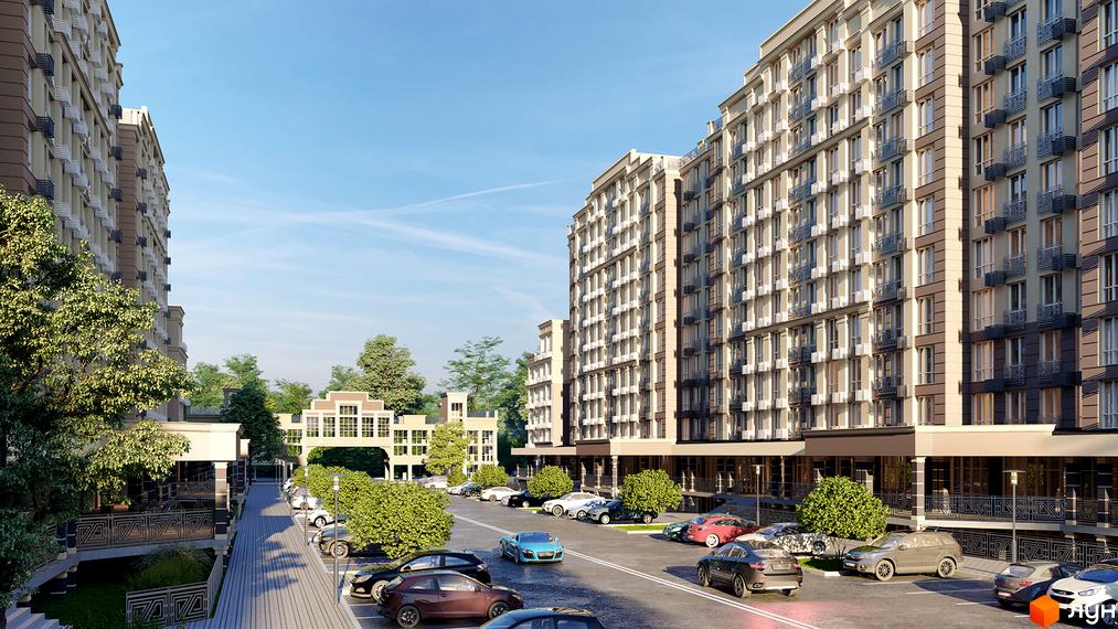 Житловий комплекс Благород: багатоповерхові будинки з балконами та паркінг. Територія комплексу з зеленими насадженнями та пішохідними доріжками.