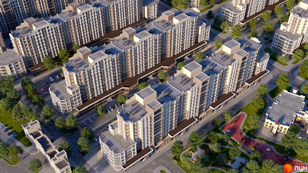 Зовнішній вигляд житлового комплексу Благород: багатоповерхові будинки з балконами та паркінгом. Прибудинкова територія з зеленими зонами та дитячими майданчиками.