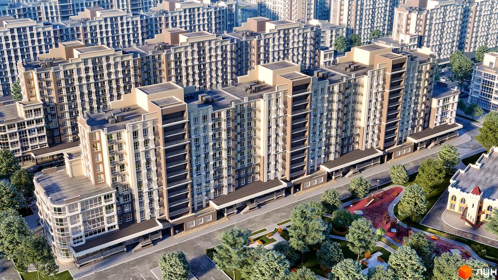 Житловий комплекс Благород: багатоповерхові будинки з сірими та бежевими фасадами, балконами та великою кількістю вікон. Поруч дитячий майданчик та зелені насадження.