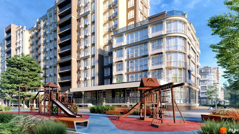Зовнішній вигляд ЖК Благород з дитячим майданчиком та зеленими насадженнями. Сучасна архітектура новобудови з балконами та великими вікнами.