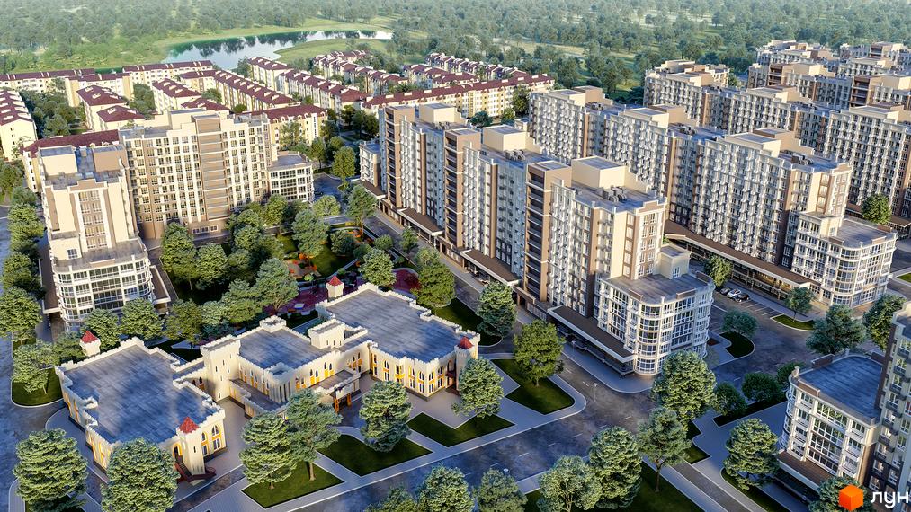 Житловий комплекс Благород: сучасний житловий комплекс з висотними будинками та дитячим майданчиком. Навколо багато зелені та дерев.