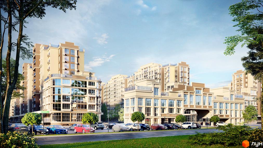 Житловий комплекс Благород - це багатоповерхові будинки з великими вікнами та балконами. Перед комплексом розташована вулиця з припаркованими автомобілями та зеленою зоною.