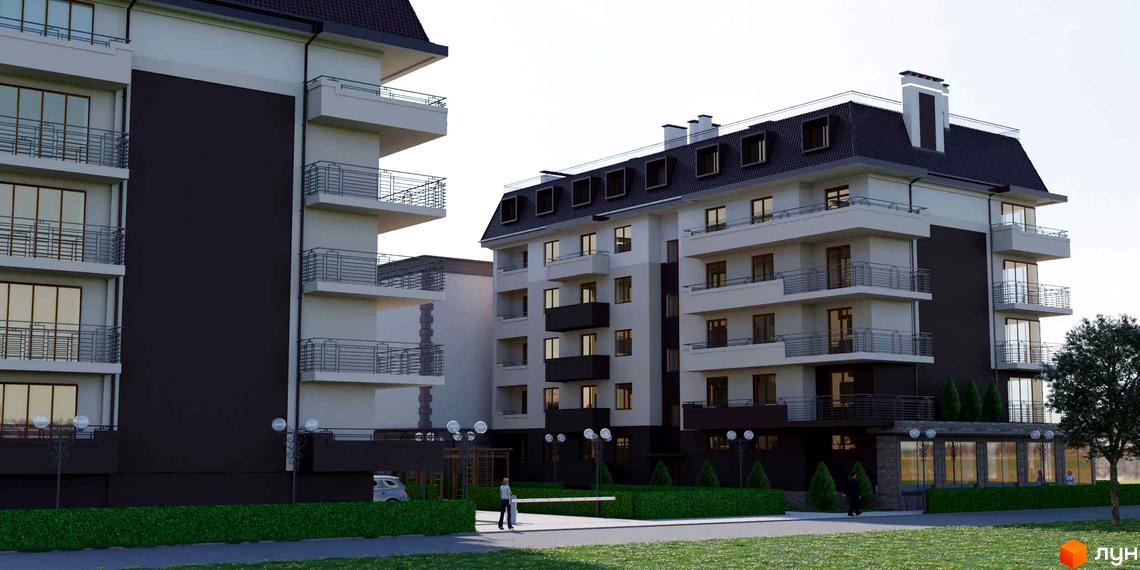 Зовнішній вигляд житлового комплексу Парковий з балконами та вікнами. Прибудинкова територія з деревами та освітленням.