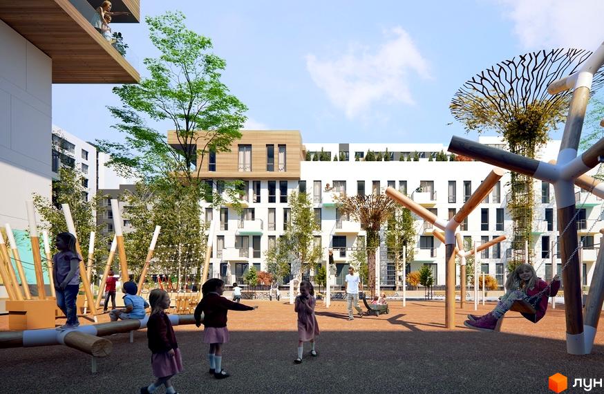 Новобудова ЖК Місто Трав з дитячим майданчиком та зеленими насадженнями. Сучасний житловий комплекс з комфортною прибудинковою територією для відпочинку та ігор.