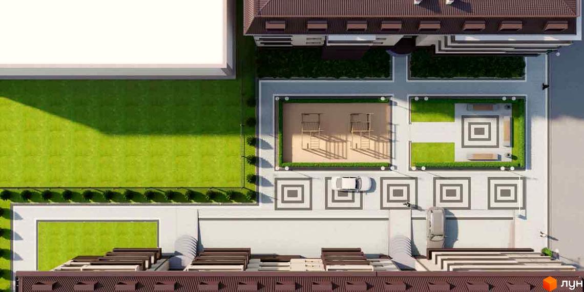 Житловий комплекс Парковий: вид зверху на будівлю з коричневим дахом та прибудинкову територію з дитячим майданчиком та зонами відпочинку.