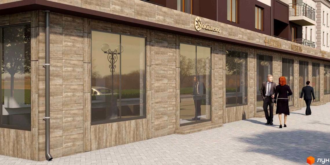 Зовнішній вигляд новобудови ЖК Парковий з великими вікнами та облицюванням під камінь. Поруч тротуар та зелена зона.