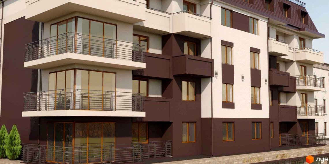 Новобудова ЖК Парковий. Фасад будинку з балконами та великими вікнами, оздоблений білим та коричневим кольорами. Прибудинкова територія з деревами.