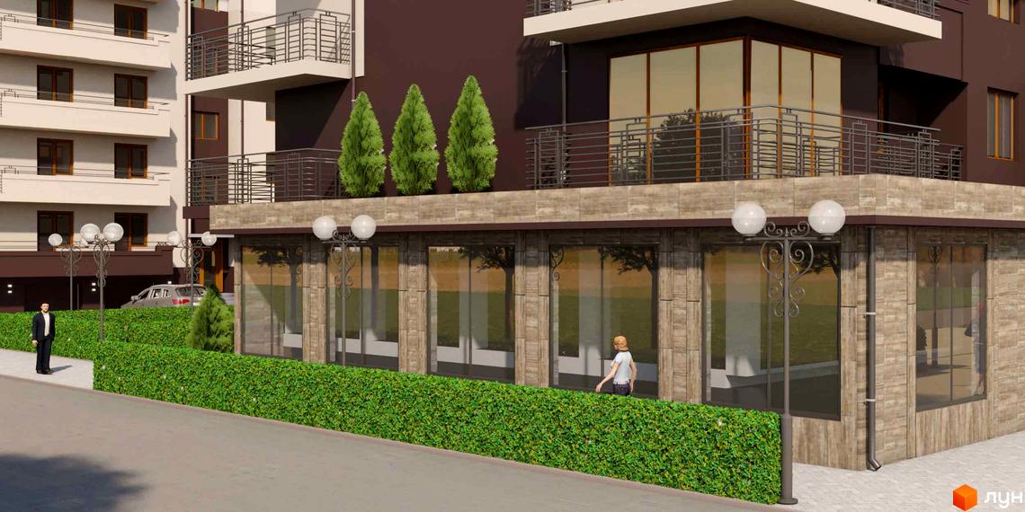 Житловий комплекс Парковий: фасади будівель з балконами, вікнами та зовнішнім освітленням. Прибудинкова територія з доглянутим зеленим парканом та пішохідною зоною.