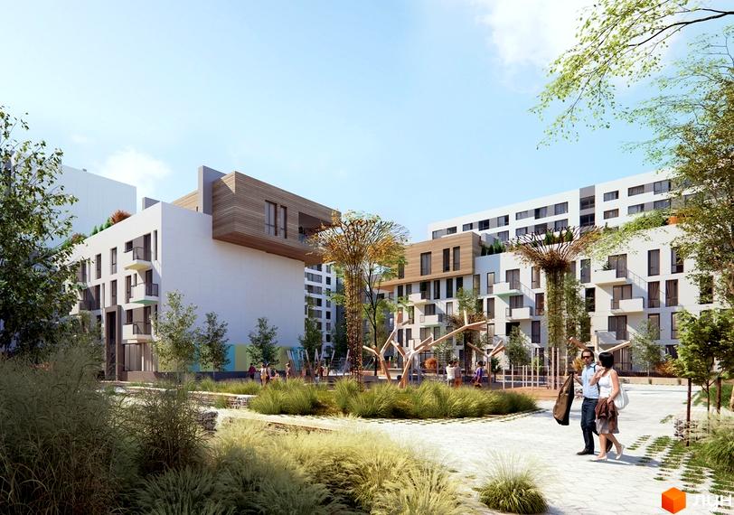 Житловий комплекс Місто Трав. Фасади будівель з дерев'яними елементами та балконами. Прибудинкова територія з зеленими насадженнями та місцями для відпочинку.