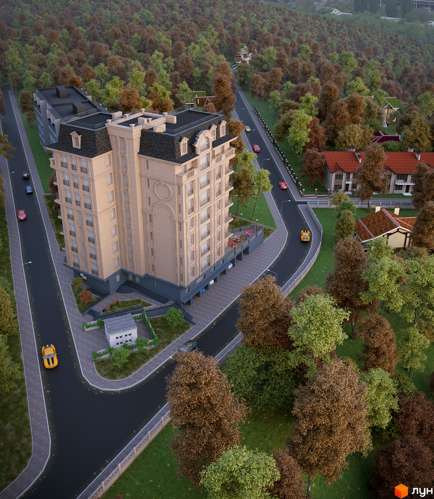 Клубний будинок „На Соловцова“ з цегляним фасадом та мансардними вікнами, розташований серед осіннього лісу. Навколо будинку доглянута прибудинкова територія з доріжками та зеленими насадженнями.