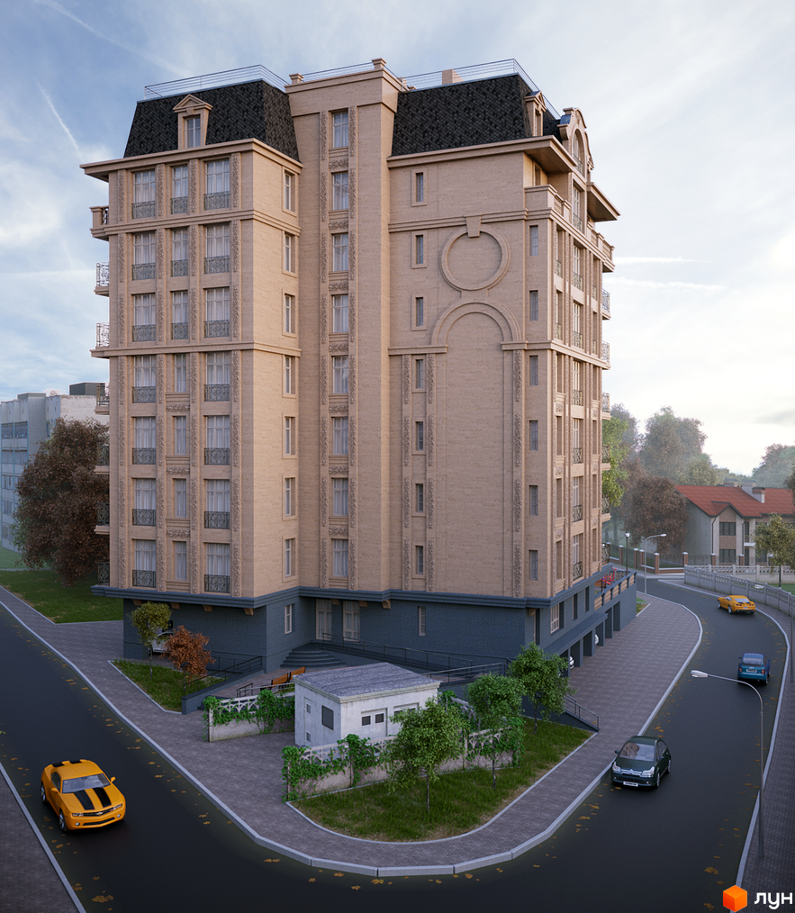 Клубний будинок „На Соловцова“ – цегляна новобудова з класичною архітектурою та мансардним дахом. Прибудинкова територія озеленена, поруч проходить дорога з автомобілями.