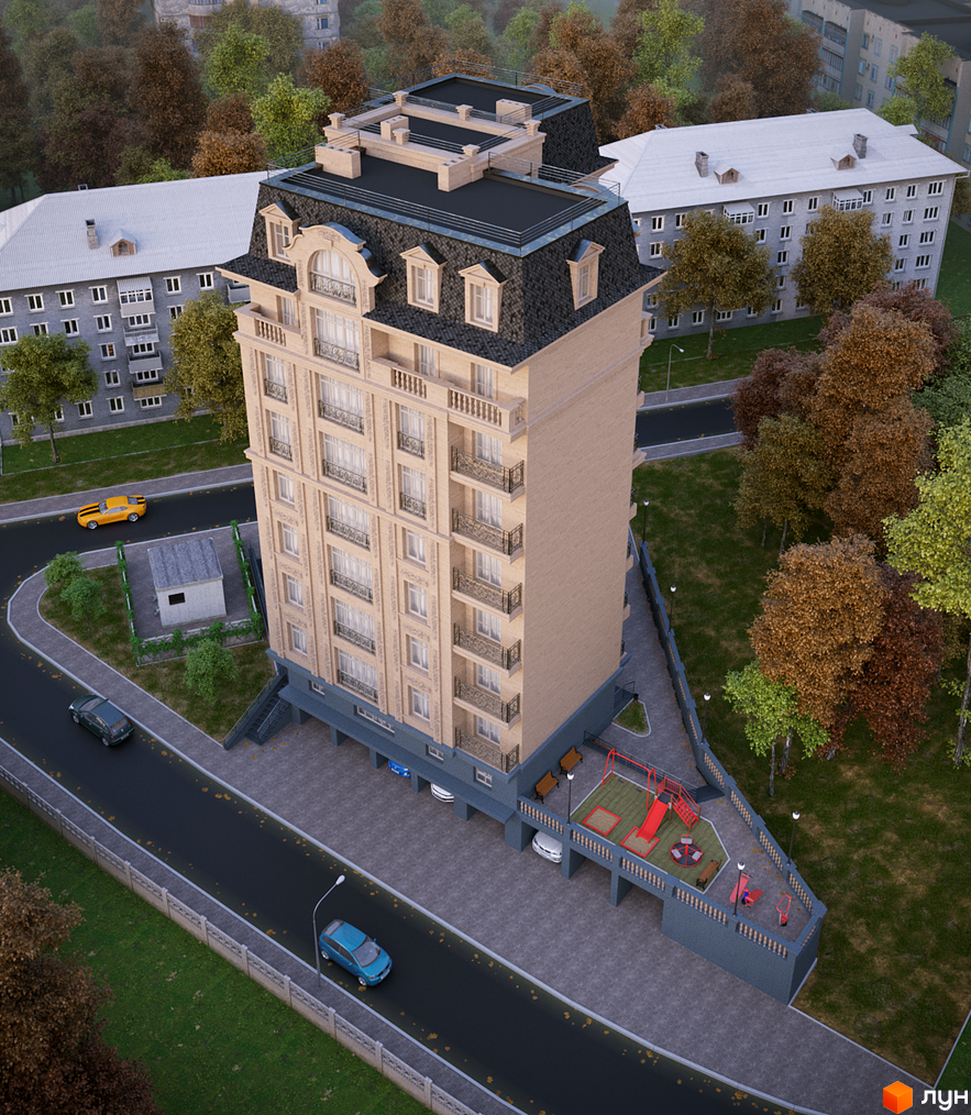 Клубний будинок „На Соловцова“ з мансардним дахом та балконами. На прибудинковій території розташований дитячий майданчик та місця для відпочинку.