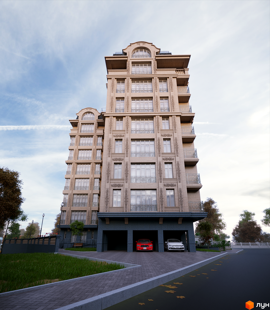 Клубний будинок „На Соловцова“ – це елегантна новобудова з вишуканим фасадом та балконами. Перед будинком розташована доглянута прибудинкова територія з газоном та доріжками.