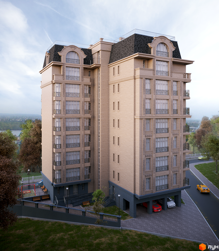 Клубний будинок На Соловцова – це елегантна новобудова з французьким мансардним дахом та вишуканим оздобленням фасаду. На прибудинковій території розташований дитячий майданчик та місця для відпочинку.